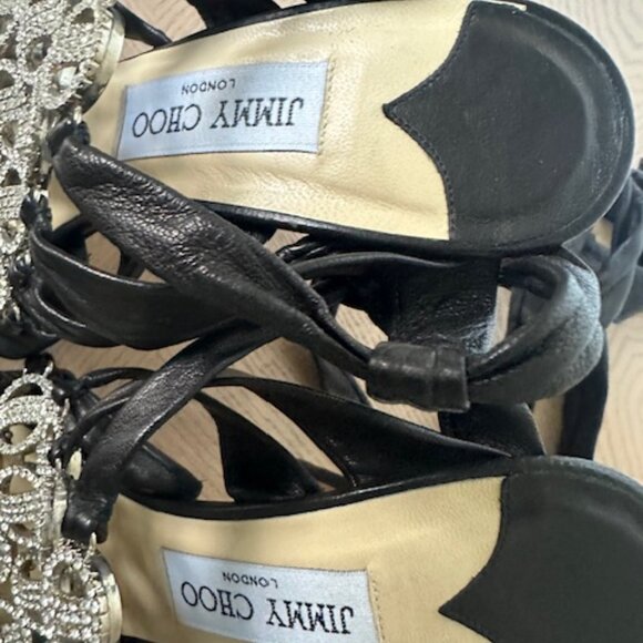 Jimmy Choo Stiletto Sandals with Ankle Strap, Black Leather and Crystals - Picture 10 of 13